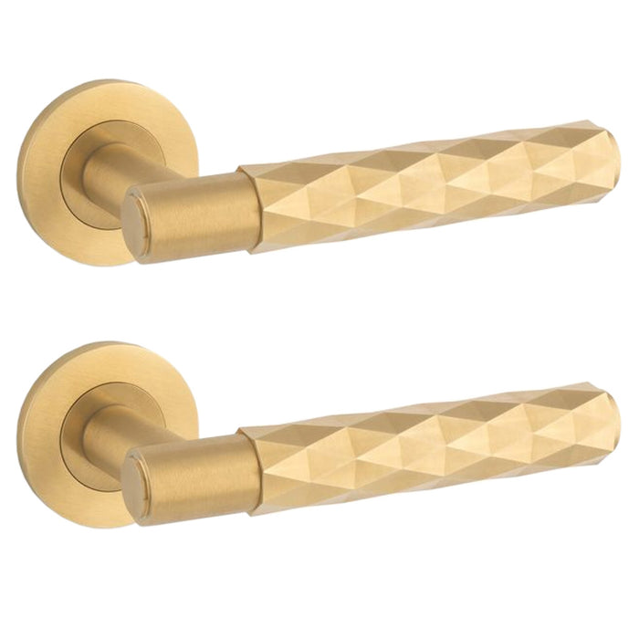 2 PACK PAIR Diamond Lever On Round Rose Door Handle Satin Brass Concealed Screw