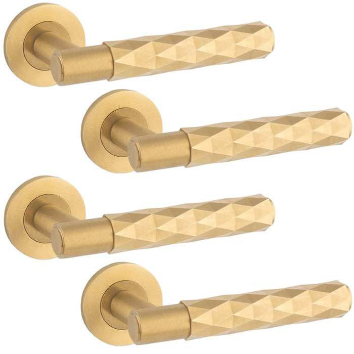 4 PACK PAIR Diamond Lever On Round Rose Door Handle Satin Brass Concealed Screw