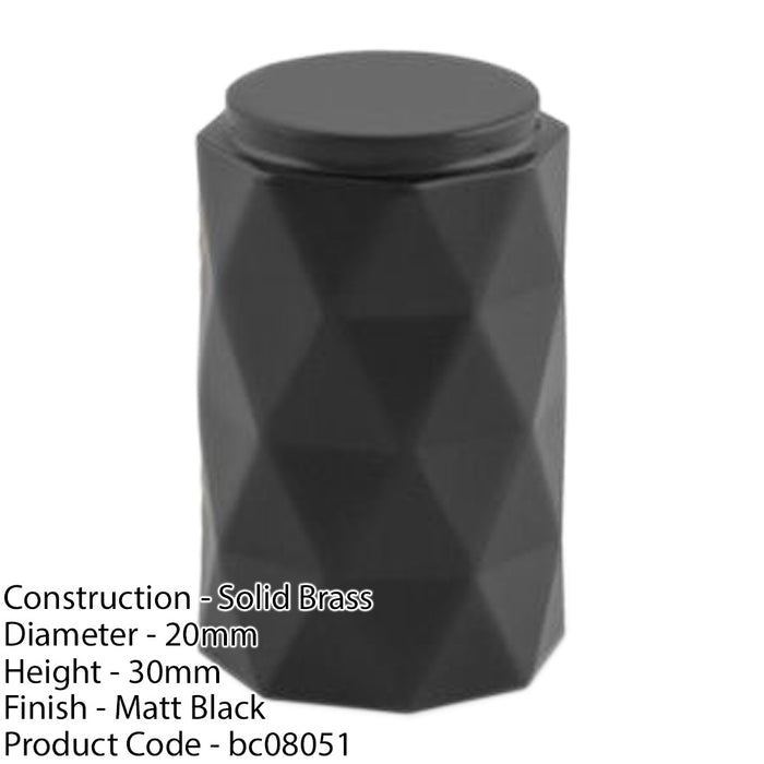 Diamond Cylinder Cupboard Door Knob - 20mm Diameter - Matt Black Pull Handle 1
