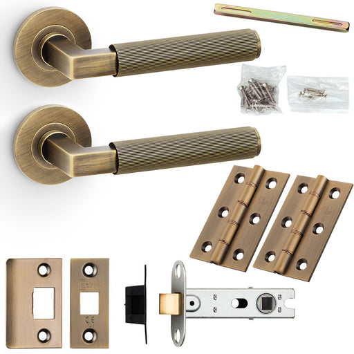 Door Handle & Latch Pack - Antique Brass - Mitred Reeded Lined Lever Round Rose