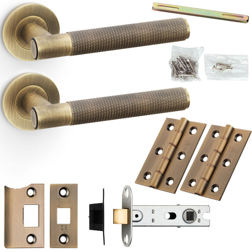 Door Handle & Latch Pack - Antique Brass - Straight Knurled Bar Lever Round Rose