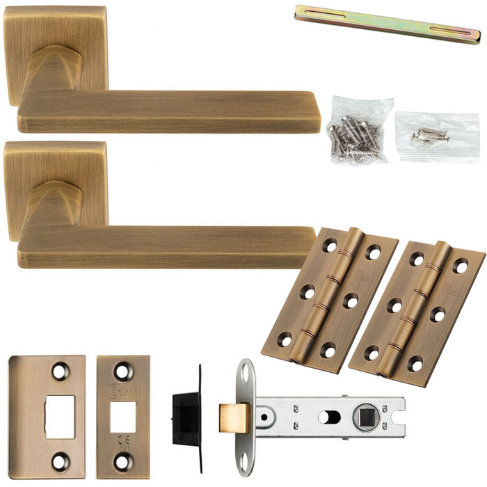 Door Handle & Latch Pack - Antique Brass - Slim Smooth Bar Lever On Square Rose