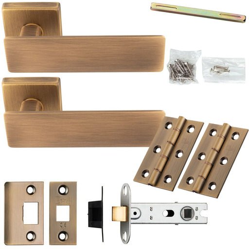 Door Handle & Latch Pack - Antique Brass - Chunky Flat Bar Lever On Square Rose