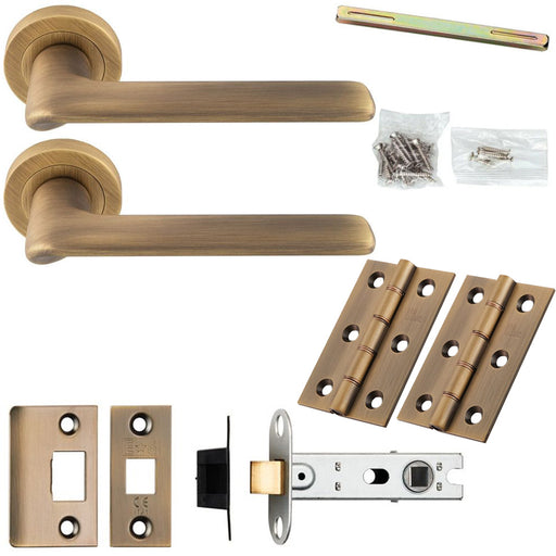 Door Handle & Latch Pack - Antique Brass - Slim Rounded Lever On Round Rose