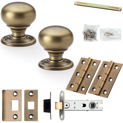 Mortice Door Knob & Latch Pack Antique Brass 41mm Smooth Mushroom On Round Rose