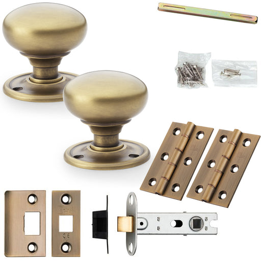 Mortice Door Knob & Latch Pack Antique Brass 51mm Smooth Mushroom On Round Rose