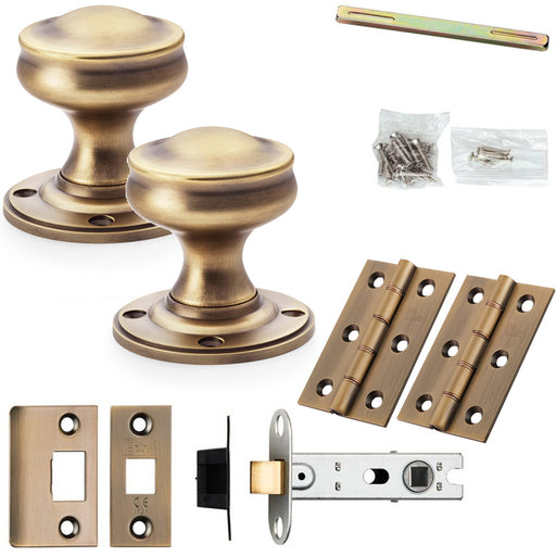 Mortice Door Knob & Latch Pack Antique Brass 50mm Smooth Georgian On Round Rose