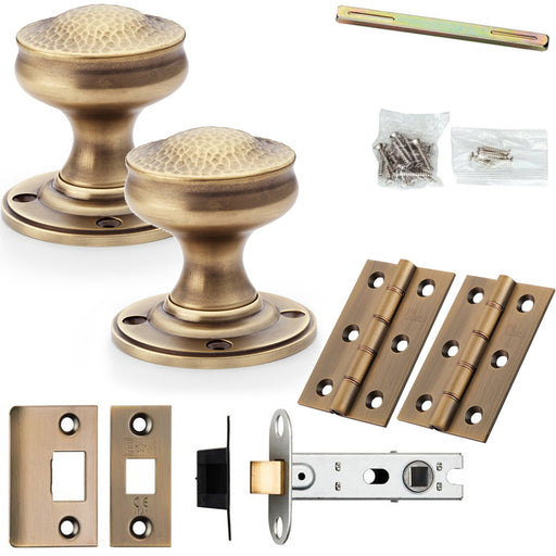 Mortice Door Knob & Latch Pack Antique Brass 50mm Hammered Georgian Round Rose