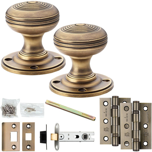 Mortice Door Knob & Latch Pack Antique Brass 50mm Smooth Ringed On Round Rose