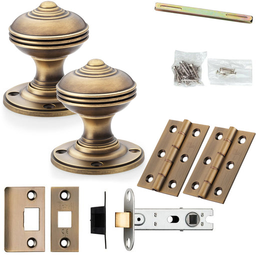 Mortice Door Knob & Latch Pack Antique Brass 50mm Classic Reeded On Round Rose