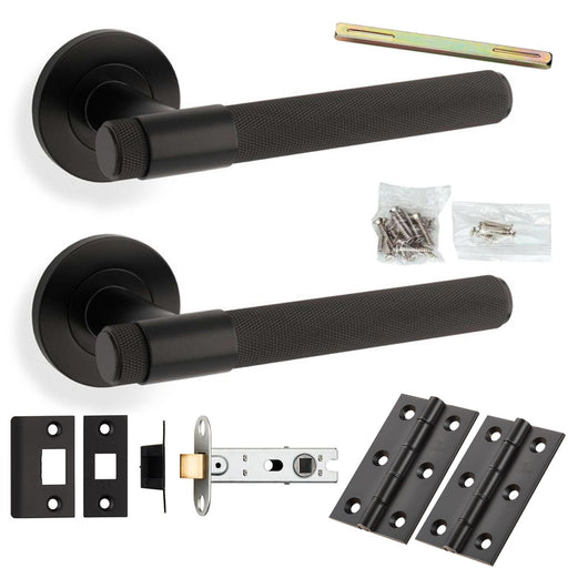 Door Handle & Latch Pack - Mat Black - Modern Knurled Bar Lever On Round Rose