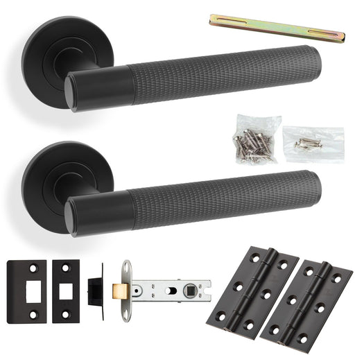 Door Handle & Latch Pack - Matt Black - Straight Knurled Bar Lever On Round Rose