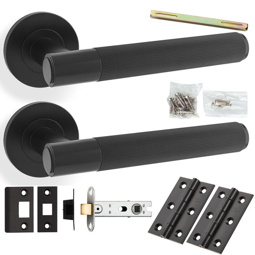 Door Handle & Latch Pack - Matt Black - Straight Reeded Lined Lever Round Rose