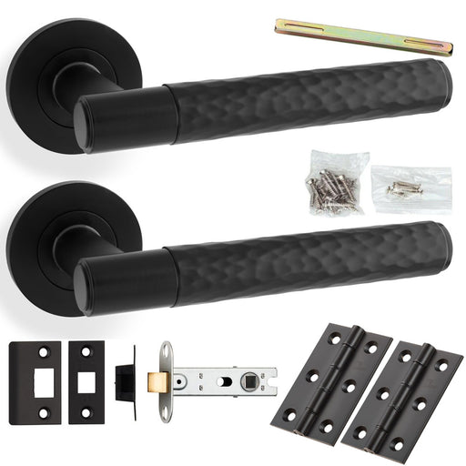 Door Handle & Latch Pack - Matt Black - Modern Hammered Lever On Round Rose