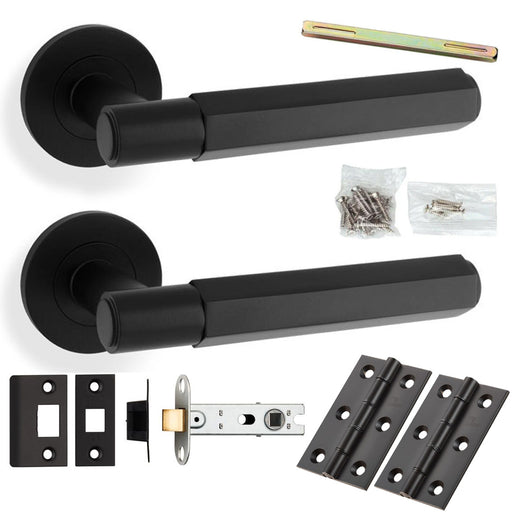 Door Handle & Latch Pack - Matt Black - Industrial Hex Lever On Round Rose