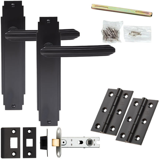 Door Handle & Latch Pack - Matt Black - Art Deco Reeded Lever On Backplate