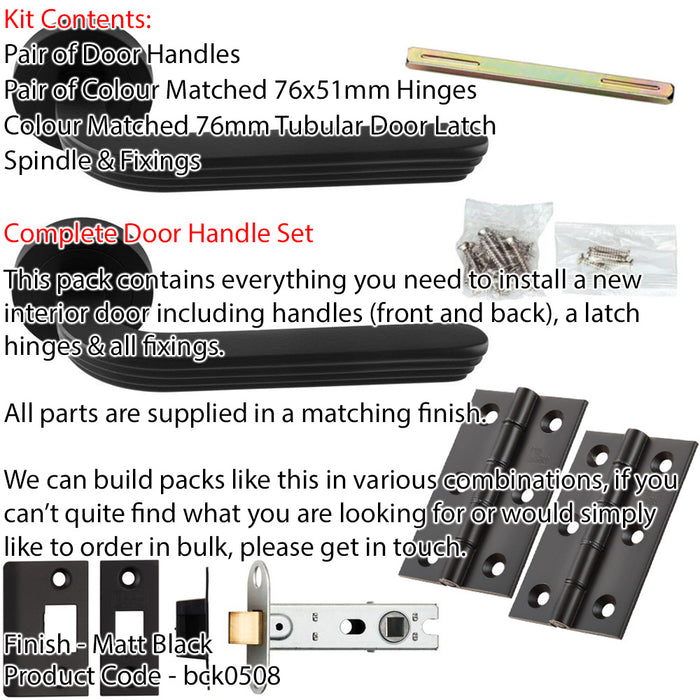 Door Handle & Latch Pack - Matt Black - Art Deco Reeded Lever On Round Rose 1