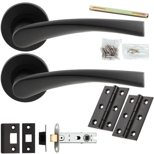 Door Handle & Latch Pack - Matt Black - Smooth Arched Lever On Round Rose