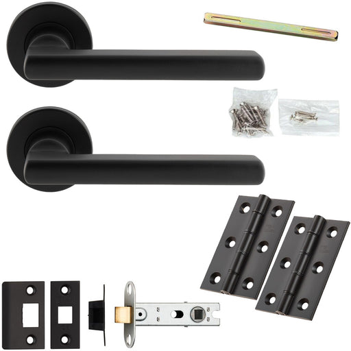 Door Handle & Latch Pack - Matt Black - Slim & Flat Lever On Round Rose