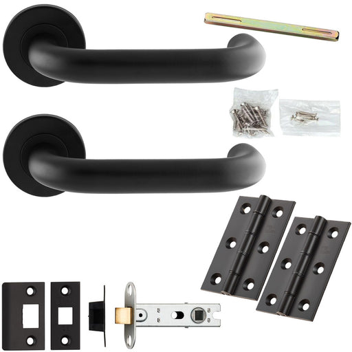 Door Handle & Latch Pack - Matt Black - Round Curved Bar Lever On Round Rose