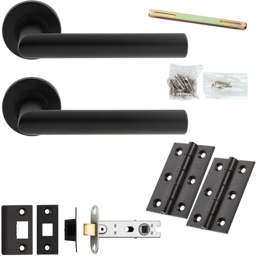 Door Handle & Latch Pack - Matt Black - Mitred Round Bar Lever On Round Rose