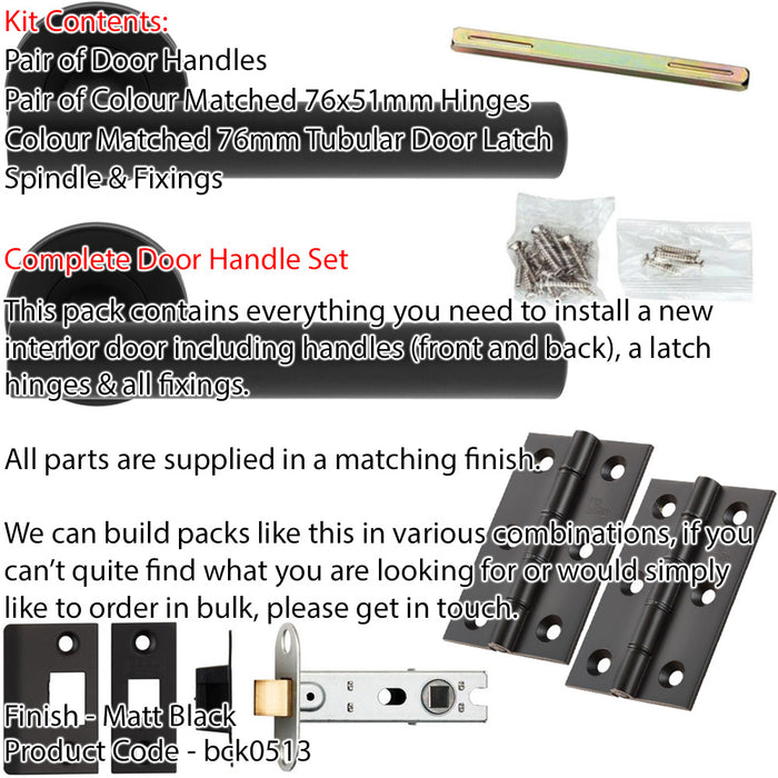 Door Handle & Latch Pack - Matt Black - Straight Round Bar Lever On Round Rose 1