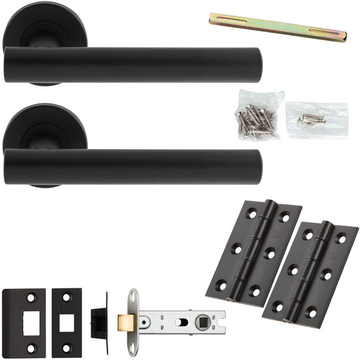 Door Handle & Latch Pack - Matt Black - Straight Round Bar Lever On Round Rose