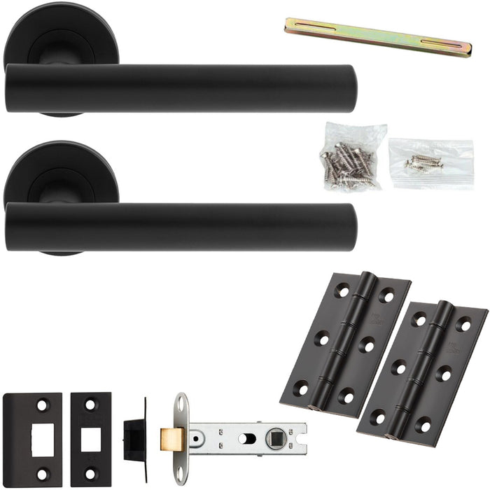 Door Handle & Latch Pack - Matt Black - Straight Round Bar Lever On Round Rose