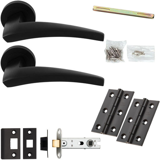 Door Handle & Latch Pack - Matt Black - Chunky Curved Arched Lever On Round Rose