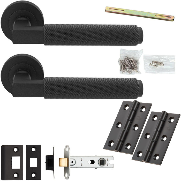 Door Handle & Latch Pack - Matt Black - Square Knurled Bar Lever On Round Rose