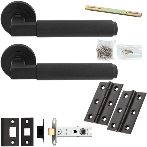 Door Handle & Latch Pack - Matt Black - Square Smooth Bar Lever On Round Rose