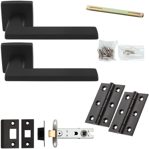 Door Handle & Latch Pack - Matt Black - Slim Smooth Bar Lever On Square Rose