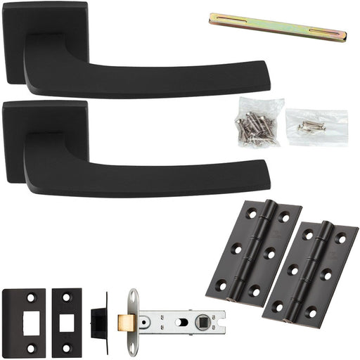 Door Handle & Latch Pack - Matt Black - Slim Curved Bar Lever On Square Rose