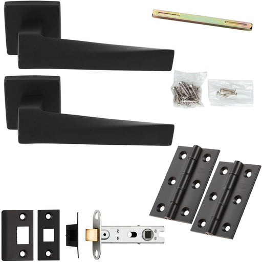 Door Handle & Latch Pack - Matt Black - Chunky Twist Bar Lever On Square Rose