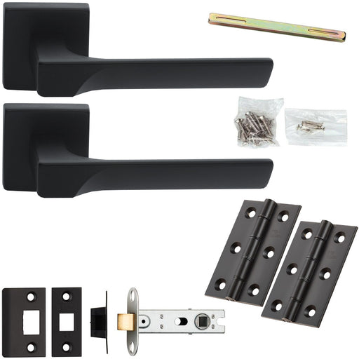 Door Handle & Latch Pack Matt Black Smooth Scalloped Bar Lever On Square Rose