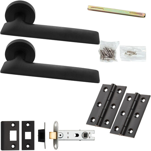 Door Handle & Latch Pack - Matt Black - Smooth Flat Bar Lever On Round Rose