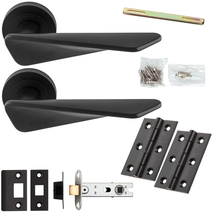 Door Handle & Latch Pack - Matt Black - Chunky Twist Bar Lever On Round Rose