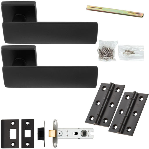 Door Handle & Latch Pack - Matt Black - Chunky Flat Bar Lever On Square Rose