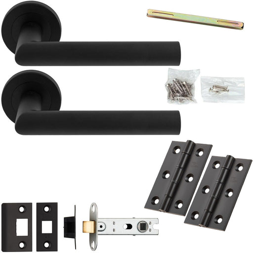 Door Handle & Latch Pack Matt Black Rounded Smooth Mitred Lever On Round Rose