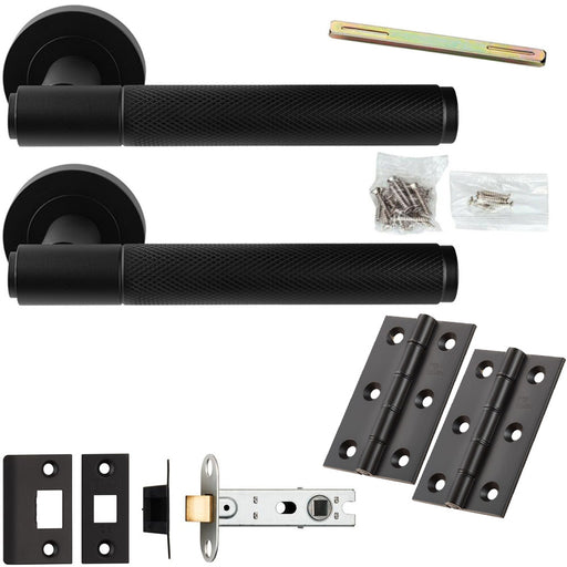 Door Handle & Latch Pack - Matt Black - Knurled Straight Bar Lever On Round Rose