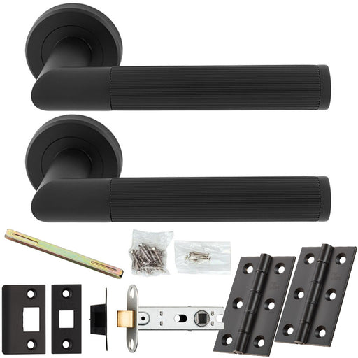 Door Handle & Latch Pack - Matt Black - Mitred Lined Reeded Lever On Round Rose