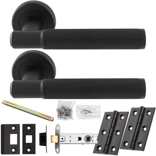 Door Handle & Latch Pack - Matt Black - Flared Lined Reeded Lever On Round Rose