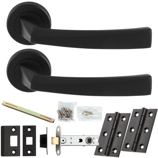 Door Handle & Latch Pack - Matt Black - Angled Arch Bar Lever On Round Rose