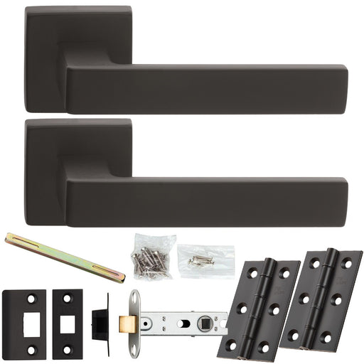 Door Handle & Latch Pack - Matt Black - Flat Slim Bar Lever On Square Rose