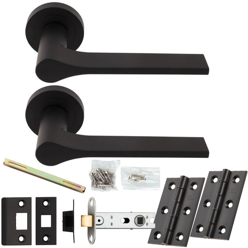 Door Handle & Latch Pack - Matt Black - Slim Modern Lever On Round Rose