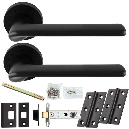 Door Handle & Latch Pack - Matt Black - Slim Rounded Lever On Round Rose