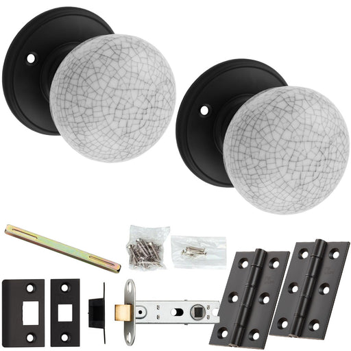 Mortice Door Knob & Latch Pack Matt Black Midnight Crackle Porcelain Round Rose