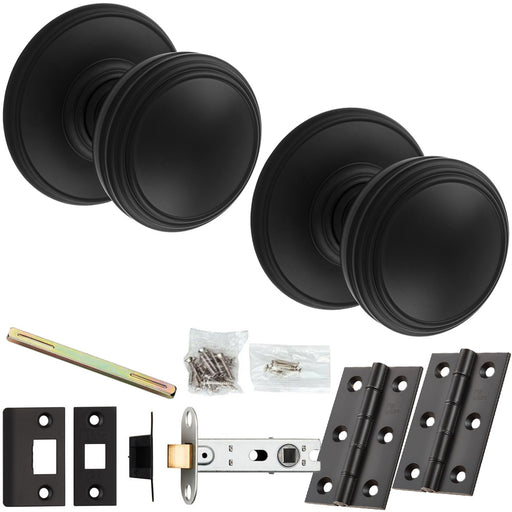 Mortice Door Knob & Latch Pack - Matt Black - Ringed Reeded On Round Rose