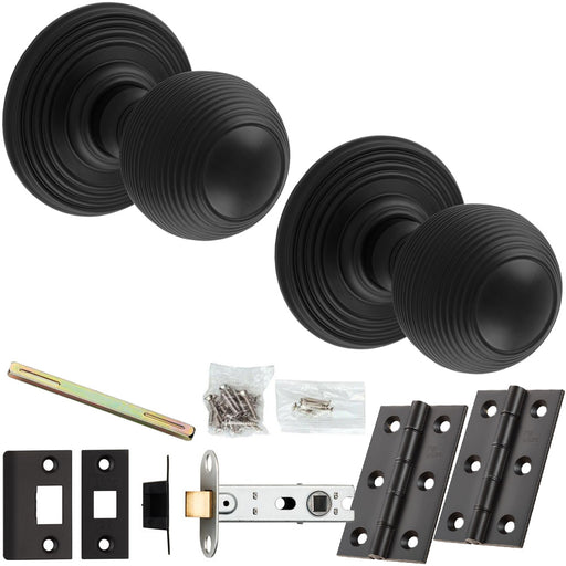 Mortice Door Knob & Latch Pack - Matt Black - Ringed Reeded Ball On Round Rose