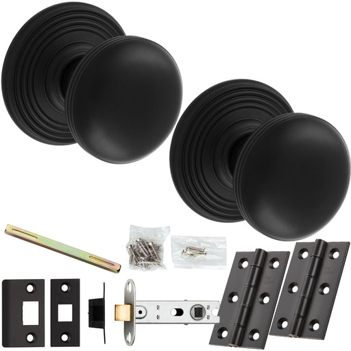 Mortice Door Knob & Latch Pack - Matt Black - Lined Reeded On Round Rose